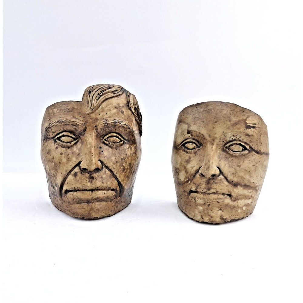 Art Pottery Face Bust - Pair of Clay Faces - Modernist / Brutalist / Outside Art
